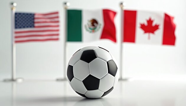 Soccer ball with United States Mexico and Canada flags on white background. Represents international football competition between North American nations. Sport event in North America.