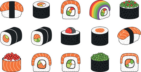 Sushi vector set with assorted rolls nigiri and maki colorful Japanese food collection isolated illustration design © Honey!