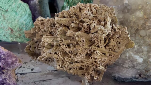 Calcite crystal formation with complex skeletal structure revealed in a detailed close-up showing intricate natural mineral growth