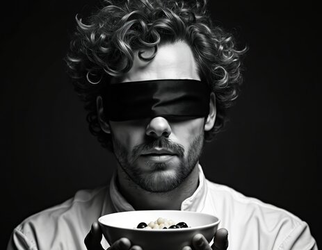 Man with blindfold holds bowl with food, testing taste sense. Chef tries mystery dish without sight, relying on smell and touch for culinary experiment.