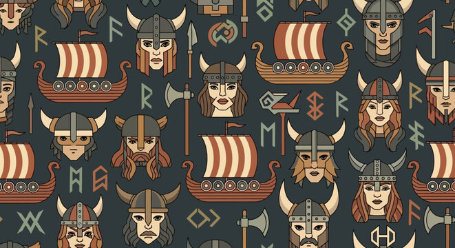 Viking Seamless Pattern with Norse Warriors, Longships, Runes, and Weapons in Flat Vector Style