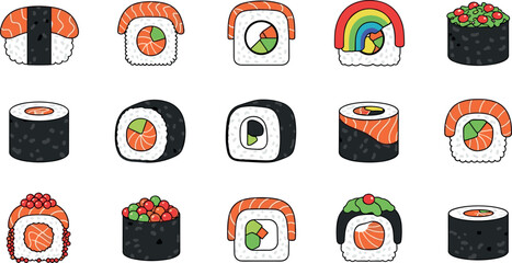 Colorful sushi vector collection with assorted maki nigiri and rolls Japanese food icons isolated illustration set design © Honey!