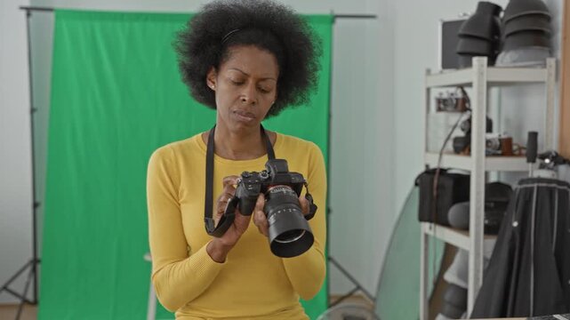 Woman photographer seated holding camera and adjusting dials while wearing yellow sweater in studio with green screen and equipment shelves; concentration.