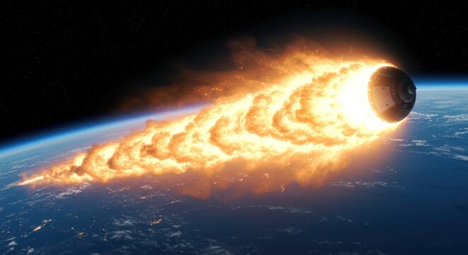 Fiery meteor streaking across the atmosphere of planet earth dramatic space scenery