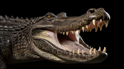 Fototapeta premium Close-up View of a Menacing Crocodile Head with Open Jaws and Sharp Teeth
