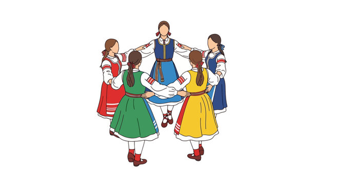 Traditional European folk dancing girls in colorful dresses performing circle dance with ribbons and flowers on white background in whimsical flat illustration style for cultural or festive 