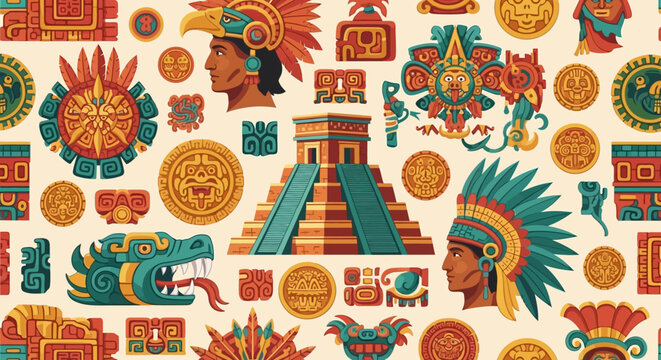 Seamless Pattern of Ancient Mayan and Aztec Symbols, Featuring Pyramids, Tribal Warriors, Sun Calendars, and Sacred Serpents in Traditional Mexican Folk Art Style