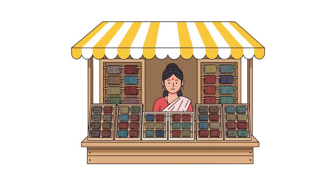 Woman vendor selling colorful spices and herbs from a wooden market stall with yellow and white striped awning in a traditional Indian or Middle Eastern bazaar setting in a minimalist flat c