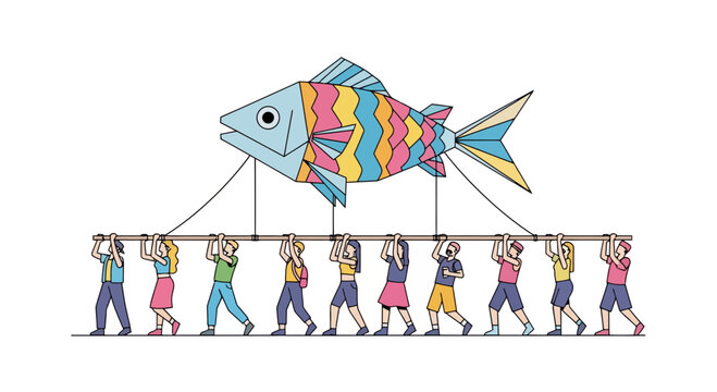Vibrant group of people carrying colorful large fish puppet on strings in playful team effort with artistic whimsy and fantastical elements in a lively celebration