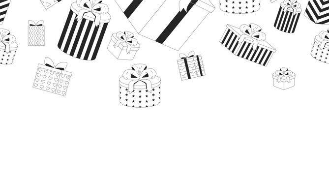 Wrapped gift boxes black and white top border. Presents. Seamless upper frame with line art pattern. Flat 2D graphic with falling composition. Copy space overlay repeat. Horizontal header divider
