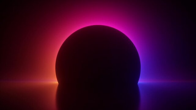 looping 3D animation of a black geometric round silhouette lit from behind by smoothly changing neon colors. Blank round frame with copy space. Soothing and relaxing atmosphere. Meditation vibe