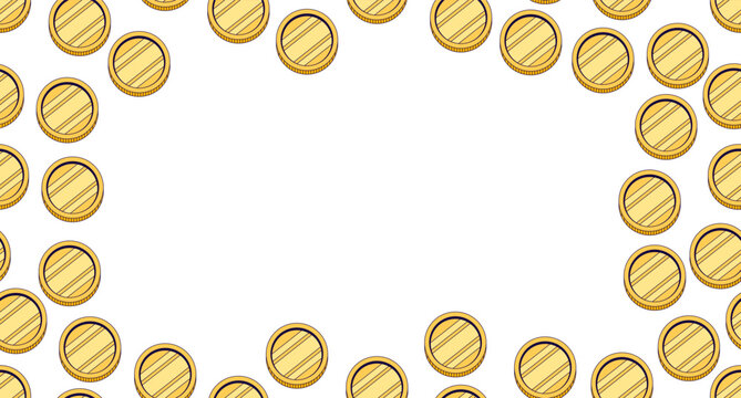 Shiny coins decorative frame copy-space. Money finance. Seamless flat design background with copyspace center. Border backdrop with space for text. Scattered pattern elements arranged around edges