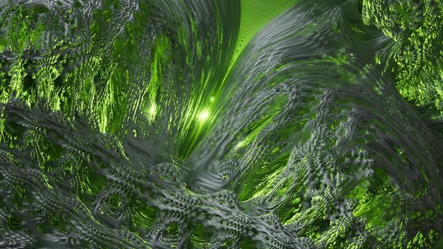 3D animated fractal landscape in lush green with vivid inner glow. Dense layered organic forms resembling alien jungle. Perfect for nature, fantasy, and sci-fi video projects.