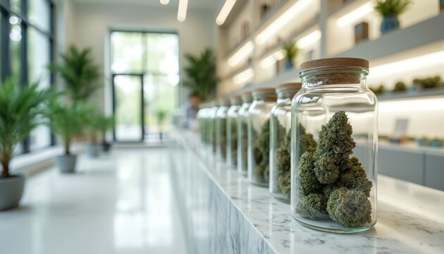 Medical marijuana shop interior with glass jars filled with cannabis buds on display. Modern clean retail space with plants and bright lighting invites customers.
