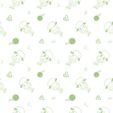 Seamless knitting pattern with cute sheep characters and wool yarn balls, pastel mint nursery textile design.