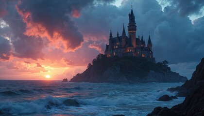 Obraz premium Castle on cliff by ocean at sunset. Dramatic clouds and waves. Coastal fortress at twilight. Mysterious island fortress lit at dusk. Seascape with historic building.