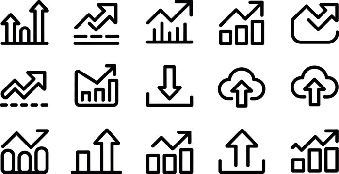 Set of various icons showing upward and downward trend graphs and charts