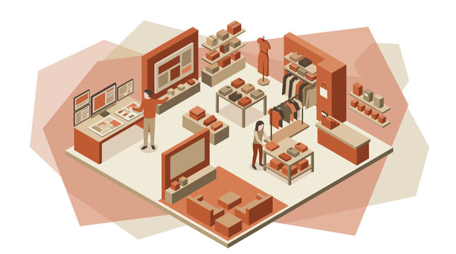 Detailed isometric clothing boutique interior shows customers browsing racks and displays in a modern retail space with a warm, monochromatic terracotta color scheme.