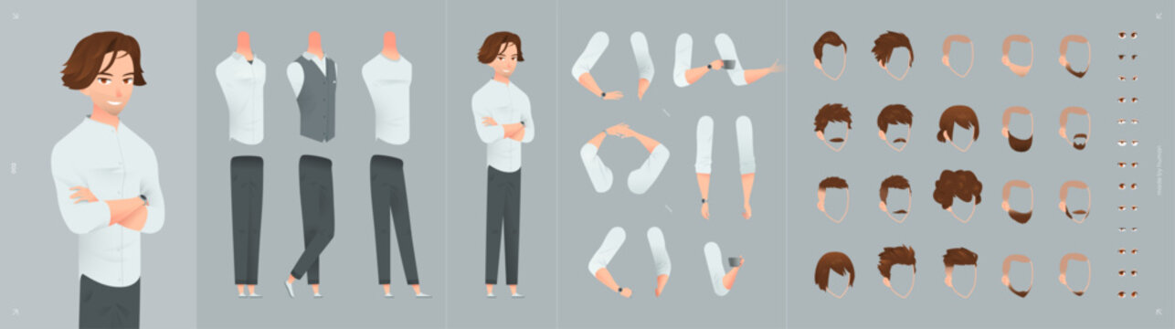 Character Office  Business Man Set Back with Male Illustration, Eye, and Black Pose for Flat Design. Young Student or Adult Person in Professional Suit with Corporate Expression