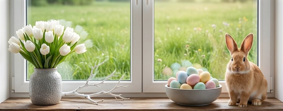 Osterhase, Ostereier und eine Vase mit wei&szlig;en Tulpen auf einer h&ouml;lzernen Fensterbank