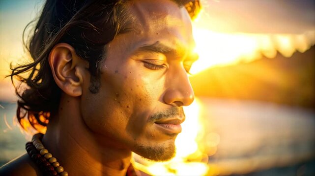 Profile portrait of a man with closed eyes, illuminated by warm sunlight, wearing beads