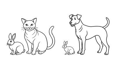 Fototapeta premium A line art illustration of a cat and two rabbits, one large dog and one small dog.