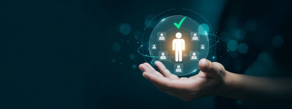 Business, teamwork, human resources, management concept, glowing people icons in hand