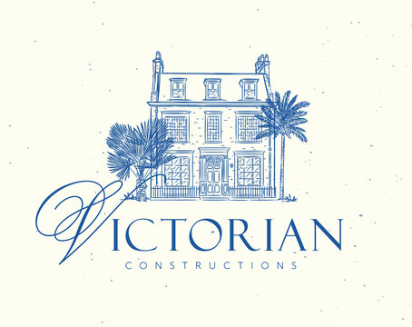 Vintage house label with text victorian constructions drawing in graphic art style with blue on light background