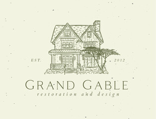 Victorian house label with text grand gable restoration and design drawing in graphic art style with green on light background © anna42f