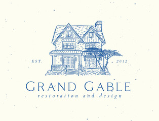 Victorian house label with text grand gable restoration and design drawing in graphic art style with blue on light background © anna42f