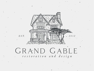 Victorian house label with text grand gable restoration and design drawing in graphic art style with black on light background © anna42f