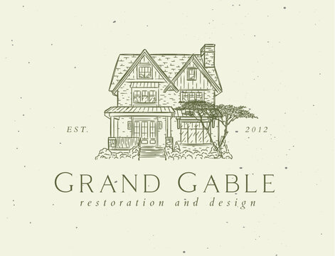 Victorian house label with text grand gable restoration and design drawing in graphic art style with green on light background
