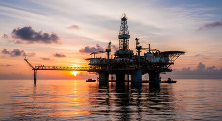Obraz premium Large oil drilling platform silhouetted against vibrant sunset over calm ocean waters oil rig