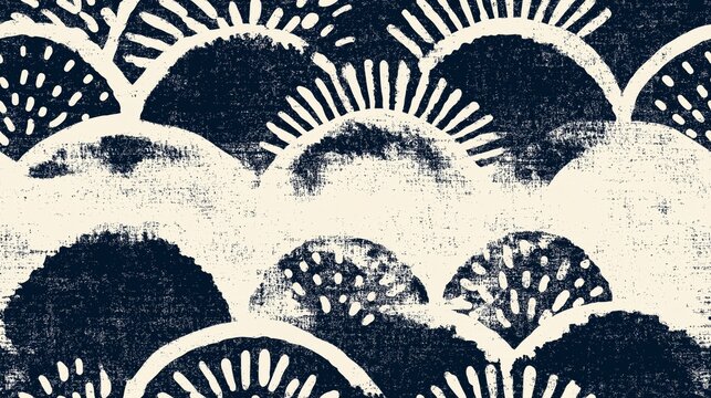Japanese katazome style abstract block print pattern. Japanese katazome style block print pattern in navy on textured off-white background