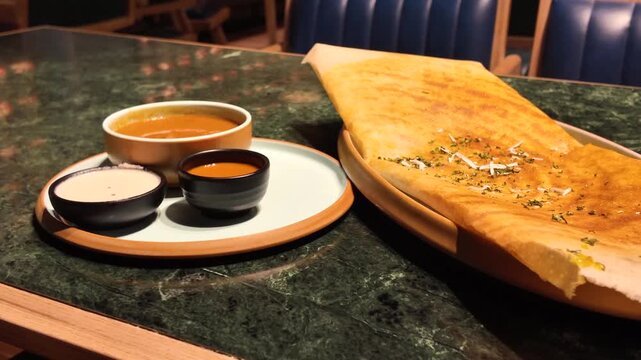 Crispy South Indian dosa with chutney and sambar served on table, traditional Indian cuisine