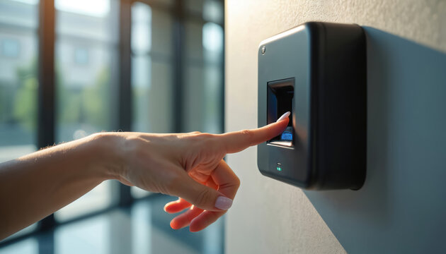 Woman uses fingerprint scanner for building access. Biometric security system for office entry. Modern tech for personal identification safety.