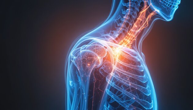 Shoulder Pain Anatomy X-Ray Style Illustration with Inflammation and Rib Cage Details
