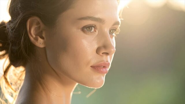 Woman in profile bathed in sunlight, with subtle makeup and a natural expression