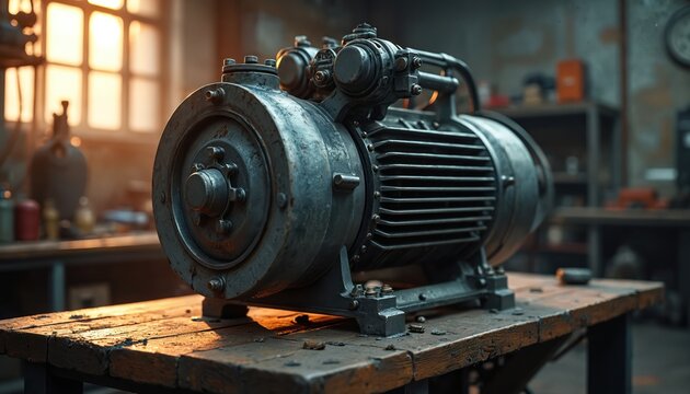 Close-up of heavy duty air compressor cylinder and head with cooling fins. Industrial machinery sits on workbench in workshop with warm light.