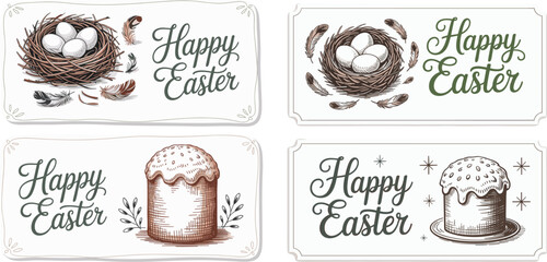 Vintage Happy Easter card set with nest eggs feathers and cake illustrations perfect for holiday greetings and festive design projects © Masud
