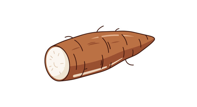 Isolated cartoon illustration of a healthy brown cassava root, a starchy tuber with fine rootlets and a white interior shown in cross-section