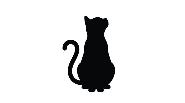 Black cat sitting and looking up with tail curved
