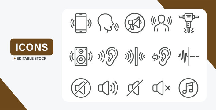 Noise and Sound pollution line icons. Loud sound and Echo vector linear icon set.