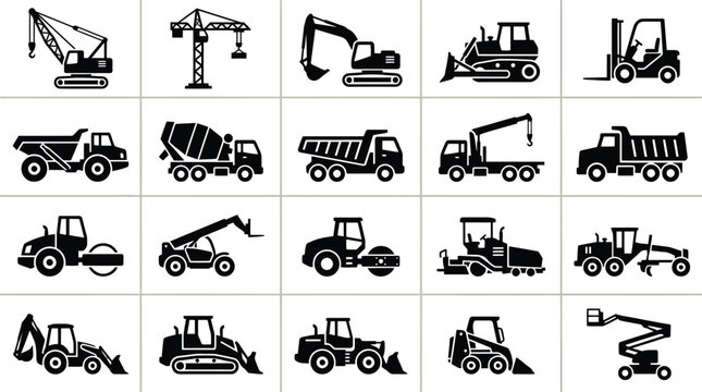 Construction vehicles and equipment vector illustration set for design