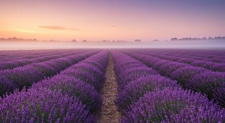 Fototapeta premium Lavender field blooms vibrantly at sunrise with rows of purple flowers and a dirt path leading to the horizon