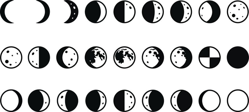 Vector graphic illustration of various moon phases in a simple black and white design