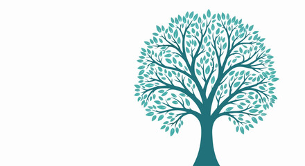 Obraz premium Stylized tree illustration with teal leaves on clean white background, detailed branches form abundant foliage. This unique tree illustration represents growth, life, environmental concepts.