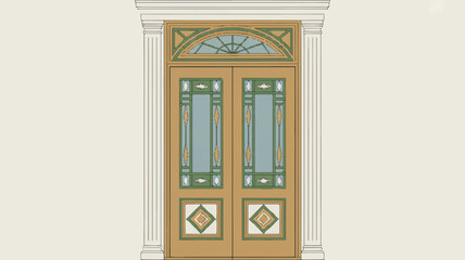 Obraz premium Ornate wooden door with green and white decorative elements and columns