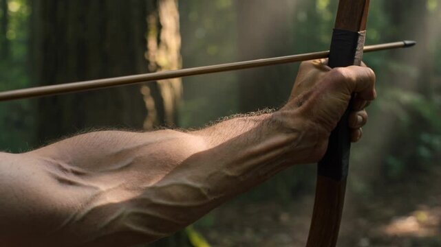 Close-up of a hunters hands holding a bow and arrow in a dense forest, ready to shoot.