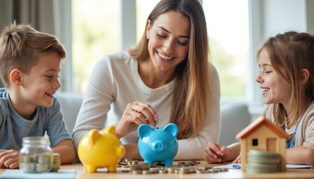 Mother teaches kids saving money with piggy banks and coins on table. Children learn about finance and budgeting with parent at home. Family counts cash and plans future.